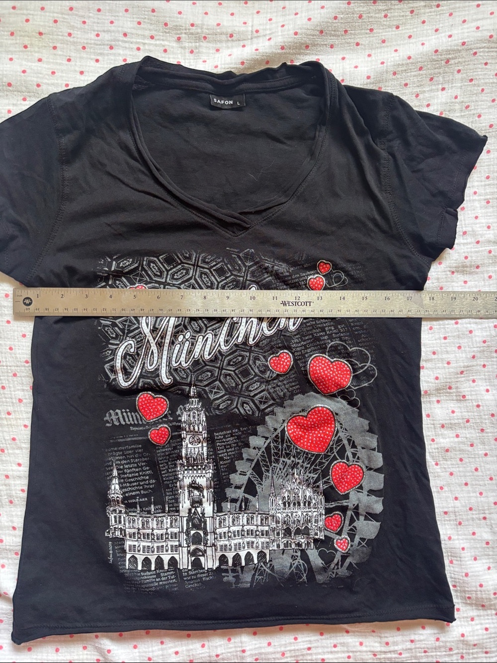 Black München Graphic Tee with Red Heart Details